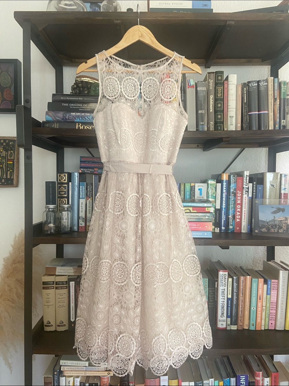 Anthropologie Lace Fit-and-Flare Dress in Light Beige
